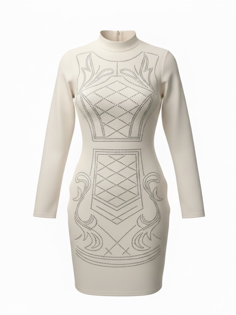 Cream Long-Sleeve Bodycon Dress with Studded Geometric Detail. Size M see desc.